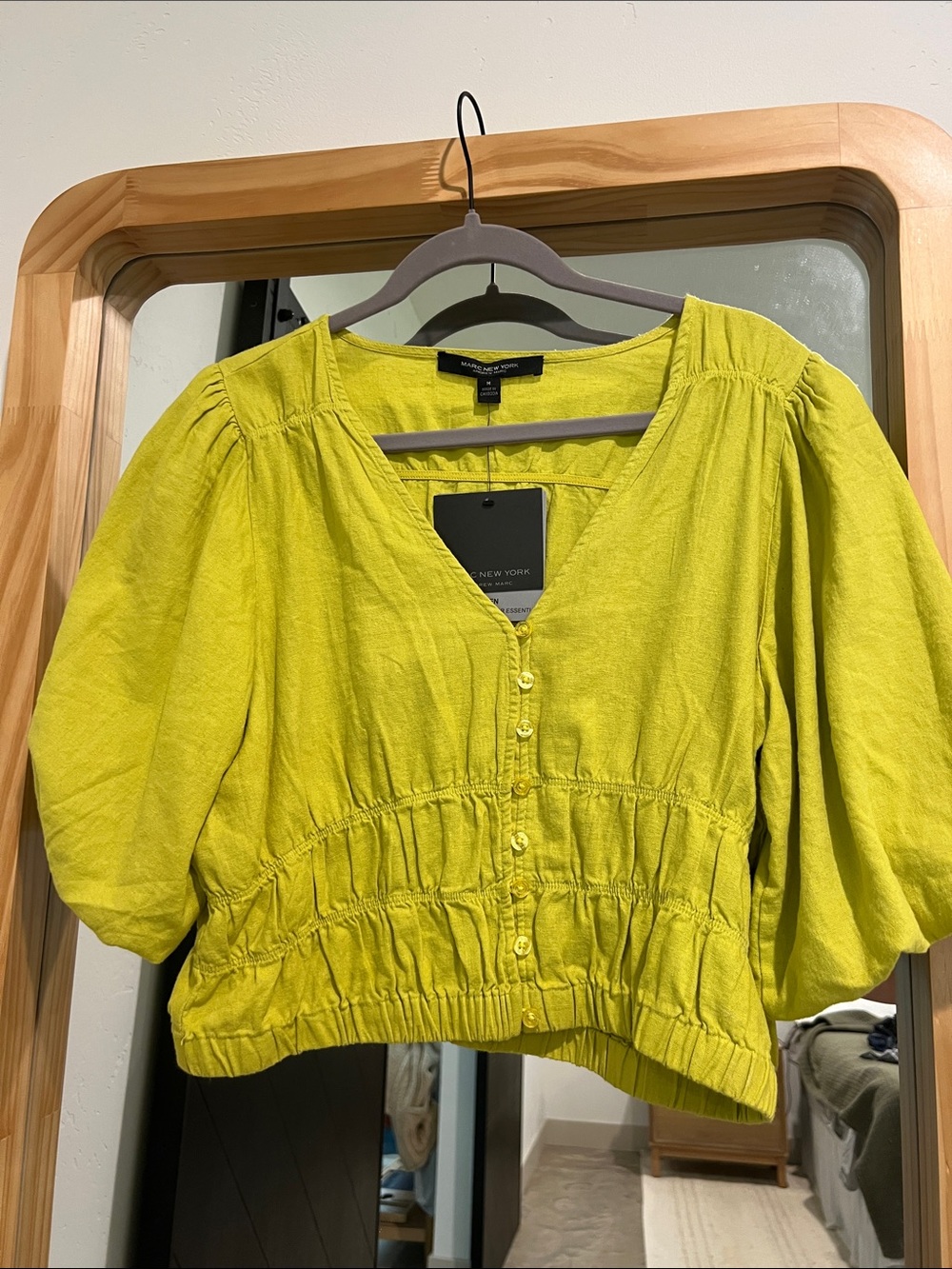 Marc New York Lime Green Button-Front Crop Smocked Waist Blouse